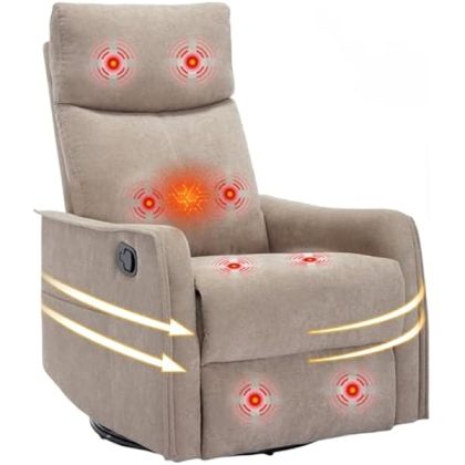Recliner Chair 360?? Swivel Rocker Recliner with Heat and Massage, Rocker Recliner Upholstered Fabric Nursery Glider Recliner Chair with Side Pockets for Living Room-Khaki
