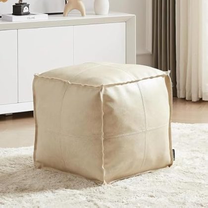 Unstuffed Pouf Ottoman Footstool Cover Handmade Faux PU Leather Moroccan footrest Cover for Living Room Storage Clothes blancket Balcony Office Outdoor Square Beige 17.7"(Only Cover)