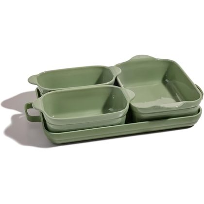 Bakeware Set | 5-Piece Nonstick, Toxin-Free, Ceramic, Cast Aluminum Set with Oven Pan, Bakers, & Oven Mat | Space-Saving Nesting Design | Oven-Safe | Bake, Roast, Griddle and more | Sage