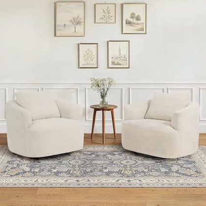 Swivel Accent Chair Set of 2, Modern 360?? Rotating Barrel Chair with Metal Base, Club Single Sofa Chenille Armchair for Living Room Bedroom Reading Room Office (Ecru)