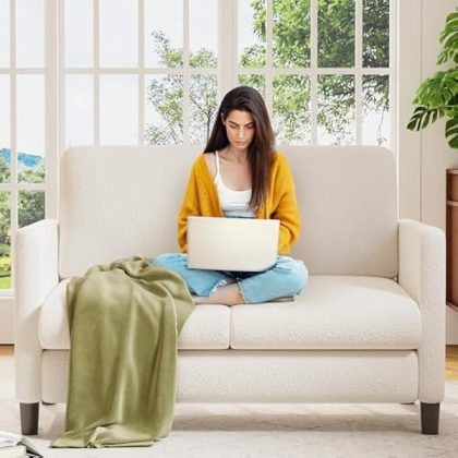 Loveseat Sofa, 51" Love Seat, Comfy Teddy Small Loveseat for Small Spaces, Tool-Free Setup Sofa Couch for Bedroom, All-Wood Couches for Living Room, No Pillow Included, Beige