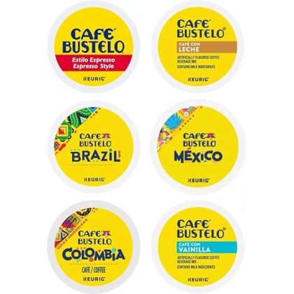 Cafe Bustelo K-cups Variety Pack Sampler Includes Espresso, Colombia, Brazil, Mexico, Cafe Con Leche, And Cafe con Vanilla. 24 Count
