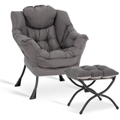 Lazy Chair with Ottoman, Modern Accent Leisure Upholstered Lazy Sofa Armchair, Contemporary Lounge Reading Chair with Armrests and a Side Pocket for Living Room, Bedroom & Small Space, Dark Grey