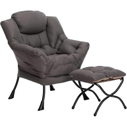 Fabric Lazy Chair with Foldable Ottoman, Accent Comfy Lounge Arm Chair and Folding Footrest Stool Set, Leisure Sofa Reading Chair and Footstool for Living Room, Bedroom, Dorm, Dark Grey