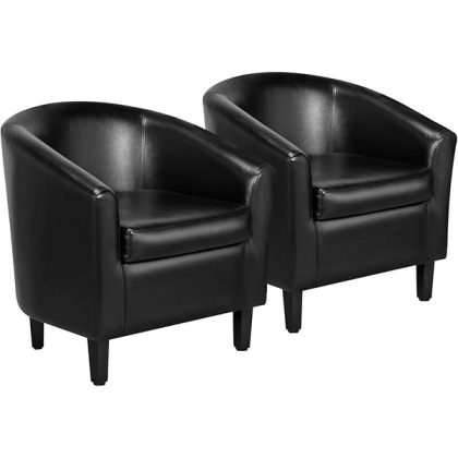 Barrel Chairs Set of 2, Faux Leather Club ArmChairs, PU Leather Accent Chairs with Soft Padded Seat for Living Room Bedroom Waiting Reading Room, Black