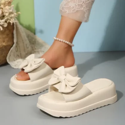 Women'S Stylish White Platform Slide Sandals with Bow Detail - Comfortable