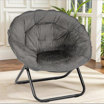 Folding Saucer Chair, Lazy Moon Chair with Metal Frame, Comfy Bedroom Chairs for Bedroom, Living Room, Study Grey JC