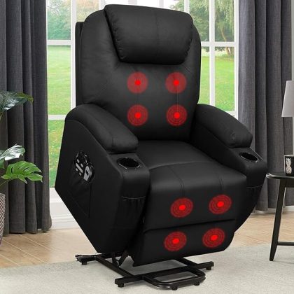 Power Lift Recliner Chair PU Leather with Massage for Elderly Ergonomic Lounge Chair Classic Single Sofa with 2 Cup Holders Side Pockets Home Theater Seat (Leather, Light Black)