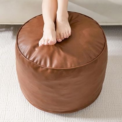 Round Stuffed Pouf Ottoman, Pu Leather Poufs with Foam Chunk Filling, Furry and Fluffy Pouf Foot Stool Storage Ottoman, 20 X 15 Floor Poufs Foot Rest for Living Room,Brown