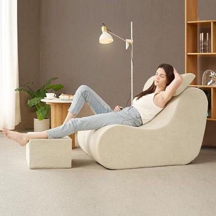 Bean Bag Chair for Adults, High-Density Foam Reading Chair with Ottoman, Cozy BeanBag Sofa Chair with Waist Support for Living Room, Bedroom, Beige