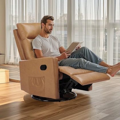 Recliner Chair, 360 Swivel Rocker Chair for Adults, Glider Rocker Recliners, Nursery Chairs for Living Room, High Back, Upholstered Deep Seat, Classical Brown
