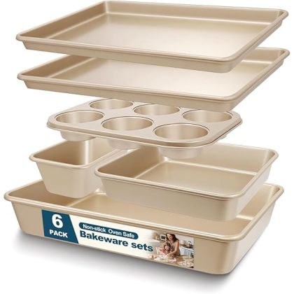 Baking Pans Set, Nonstick Stackable Bakeware Sets, Oven Pans for Cooking,  6 Pieces Baking Sheets Set Including Cookie Sheet, Deep Roaster Pan, Square Pan, Loaf Pan, Muffin Pan, Carbon Steel