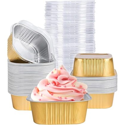 40 Pack Mini Cake Pans with Lids, 5oz Square Aluminum Foil Brownie Baking Cups, Muffin Tin Ramekins, Disposable Dessert Cupcake Cups for Wedding Birthday Party, Gold