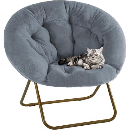 Comfy Saucer Chairs Cozy Faux Fur Soft Lounge Cute Folding Bedroom Living Room Seat Flexible Reading Foldable Seating for Kids Adults Thick Padded Metal Frame Modern for Home Office Grey