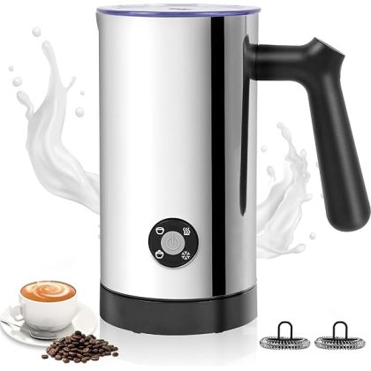 Milk Frother, 4-in-1 Milk Frother and Steamer, 10.6oz Electric Milk Steamer, Automatic Cold and Hot Foam maker for Lattes, Cappuccinos, Non-stick Coating Interior, Polished