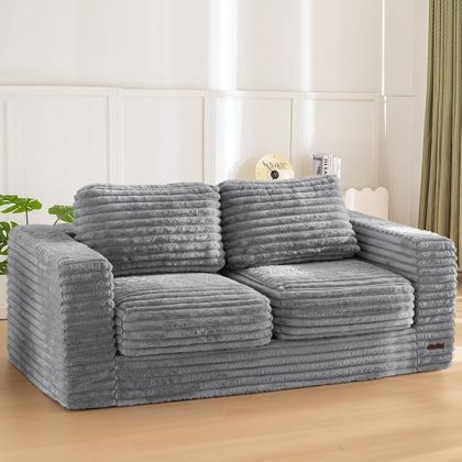 Giant Bean Bag Chair for Adults, Upholstered Loveseat Floor Sofa with Pillows and Armrests, Large Bean Bag Sofa Plush Chair Bean Bag Couch for Bedroom Living Room, Grey