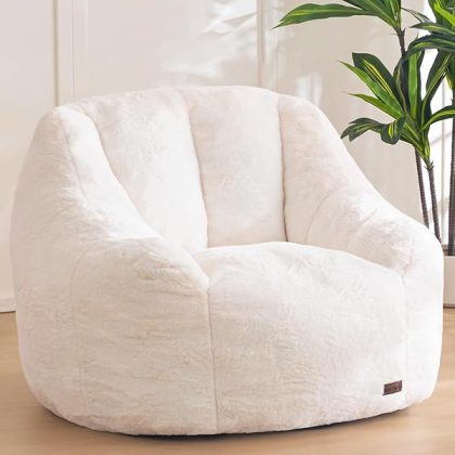 Bean Bag Chair, Comfy Bean Bag Sofa with Back Support, Faux Fur Bean Bag Chair for Adults and Kids, Stuffed Floor Sofa for Living Room, Bedroom, Apartment, Beige