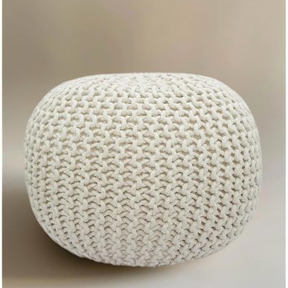 Round Dori Pouf - Cotton Braid Cord Cable Knitted Ottoman - Foot Stool Footrest Floor Pouf Accent Furniture Bean Bag - Living Room Dorm D??cor - 20.5 Dia x 13.5 High - Round Ivory Cream