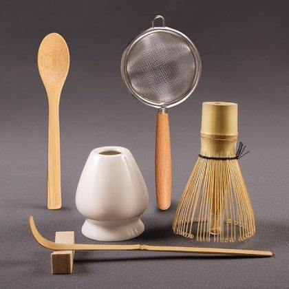 Matcha Whisk Set - Includes Sifter Bamboo Whisk (Chasen), Tea Spoon, Spoon Holder, Scoop and Whisk Holder, 6pcs (No Bowl Included)