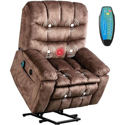 Large Power Lift Recliner with Massage and Heat for Elderly, Heavy Duty & Safety Motion Reclining Mechanism, Ergonomic Electric Wider Chair with USB Port, 2 Hidden Cup Holders, Brown2