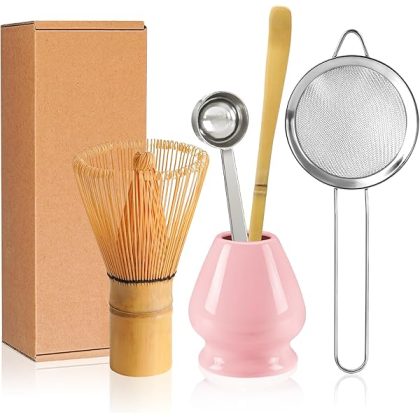 Matcha Whisk Set Pink, Matcha Making Kit Bamboo Whisk (Chasen), Ceramic Whisk Holder Stand, Sifter, Scoop Japanese Tea Tools For Ceremony Gift