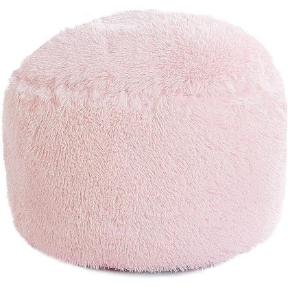 Unstuffed Ottoman Pouf Cover,Round Faux Fur Foot Stool, 20"x20"x12" Fuzzy Chair, Floor Bean Bag(No Filler),Foot Rest with Storage for Living Room, Bedroom, Office, Pink Cover ONLY