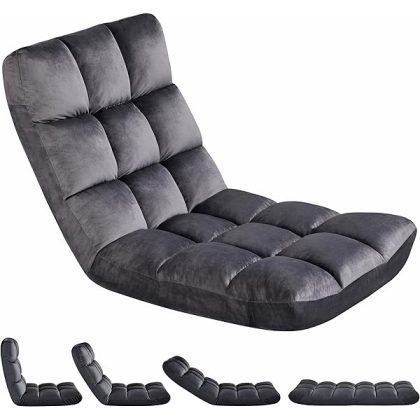 Floor Folding Chair with Back Support, Padded Folding Gaming Sofa Chair with 14 Adjustable Backrest, Adults Couch Recliner, Floor Seating Lounge Chair, Armless Meditation Chair, Gray
