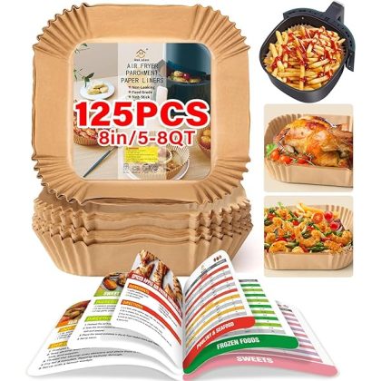Air Fryer Liners Disposable,125Pcs 8Inch Airfryer Liners with Air Fryer Cheat Sheet Cooking Guide Booklet, Non-Stick Parchment Paper Square, Air Fryer Cookbooks Recipes