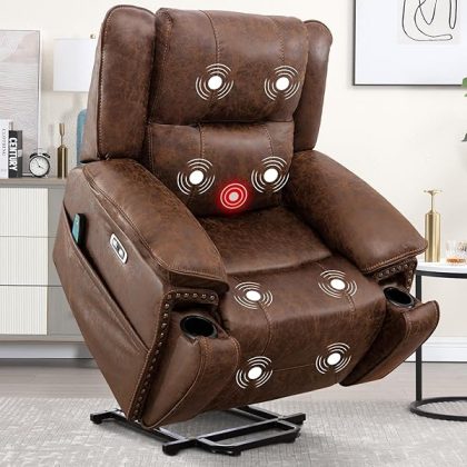 Dual Motor Power Lift Chair for Elderly, Lift Chairs with Massage and Heat, Faux Leather Electric Chairs for Adults, Recliner Chair with USB, 2 Concealed Cup Holderss, Chestnut Brown