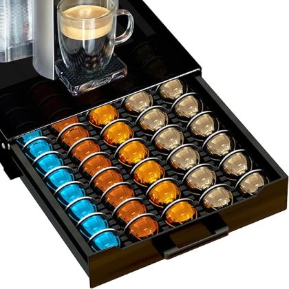Coffee Pod Holder Drawer Organizer with Deluxe Black Tempered Glass Top, Compatible for Nespresso Vertuo Pods, Holds up to 75 Small or 50 Big Vertuo Pods Compact Design (Piano Black)