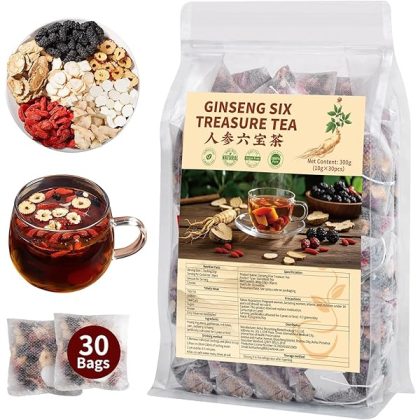 Kidney Tea Formula Ginseng Six Treasure Tea - Natural Chinese Traditional Herbal Ginseng Five Treasures Kidney Detox Cleanse Teabag For Men Women (30 Bags/1 Pack)
