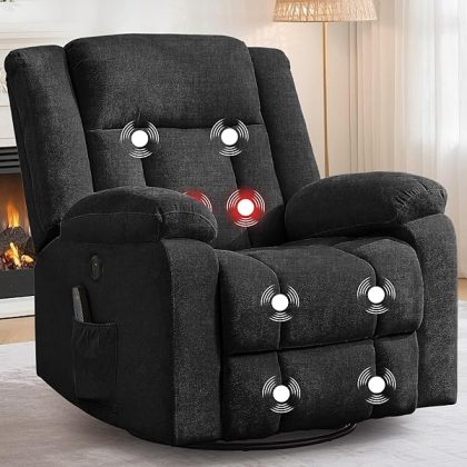 Rocker Recliner, Glider Recliner Chairs for Adults, 360?? Swivel Rocking Chair with Massage and Heating, Nursery Chair with Storage and USB Charging for Living Room, Bedroom, Nursery