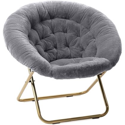 Saucer Chair For Adults, Teens & Kids, Grey, Faux Fur XL Circle Chair for Bedroom, Dorm & Gaming, Foldable Comfy Accent Seat for Small Spaces, Folding Moon / Mushroom / Round Oversized Style