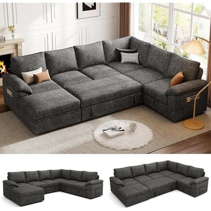108 Inch Sectional Sleeper Sofa with Pull Out Bed, U Shaped 7 Seat Modular Sectional Sofa with Storage, Sectional Couches for Living Room, Cloud Modular Couch, Removable Sofa Cover, Dark Grey