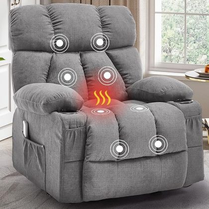 Recliner Chair with Massage and Heat, Rocker Recliner Chairs for Adults, Overstuffed Nursery Rocking Chairs for Living Room, Lazy Boy Recliner with USB Charge Port, Grey