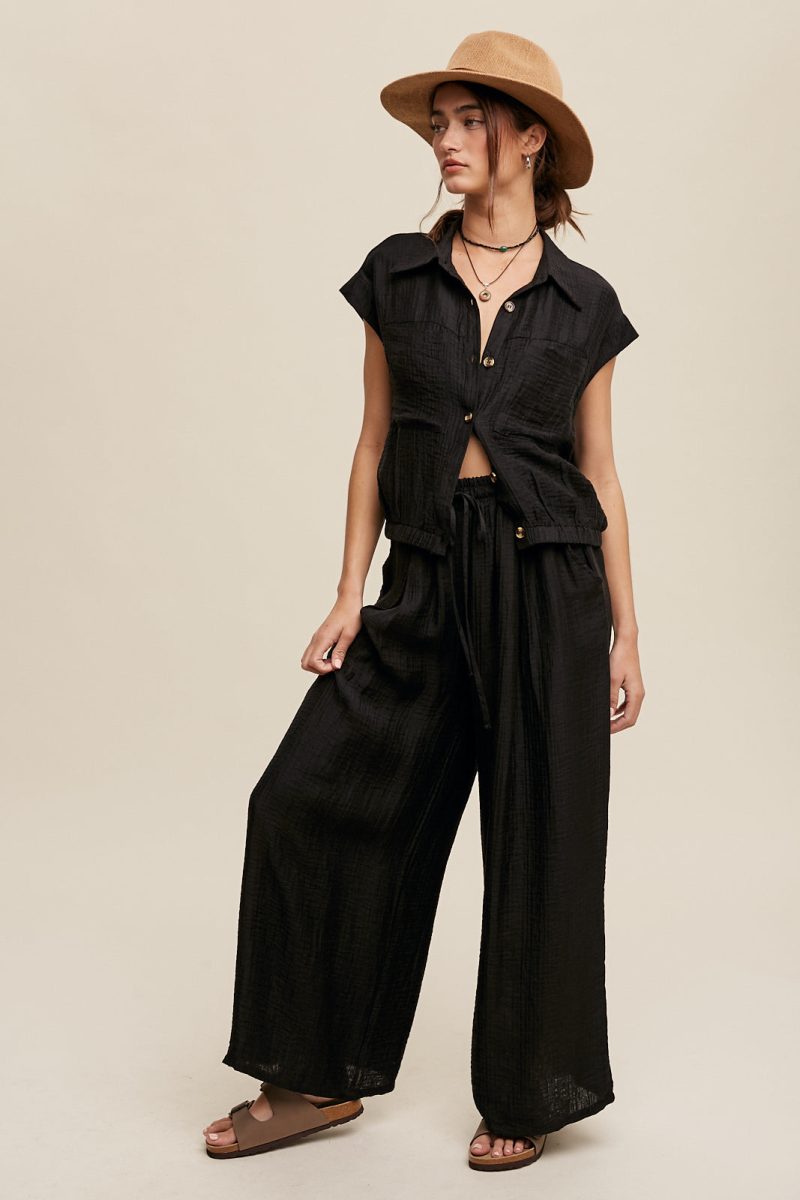 Button Down Top and Pleated Wide Leg Pants Set - Image 3