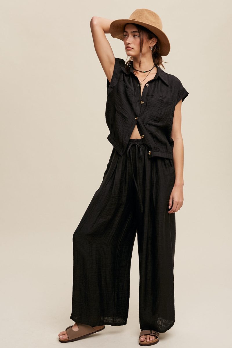Button Down Top and Pleated Wide Leg Pants Set - Image 2