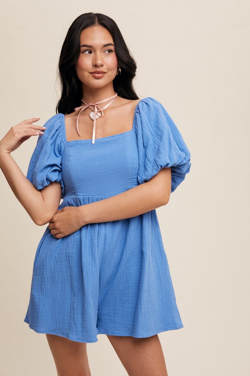 Square Neck Puff Sleeve Babydoll Romper - Image 4