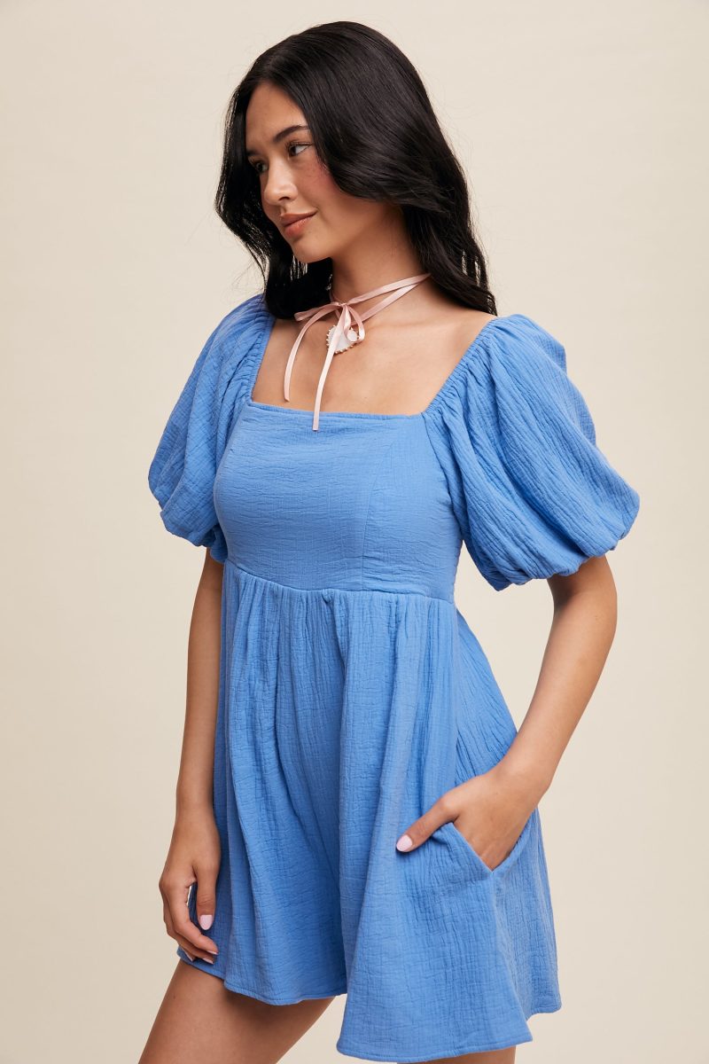Square Neck Puff Sleeve Babydoll Romper - Image 3
