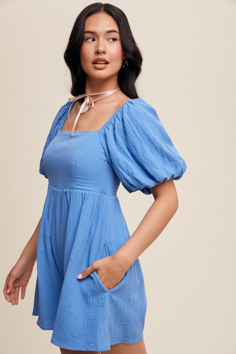 Square Neck Puff Sleeve Babydoll Romper - Image 2