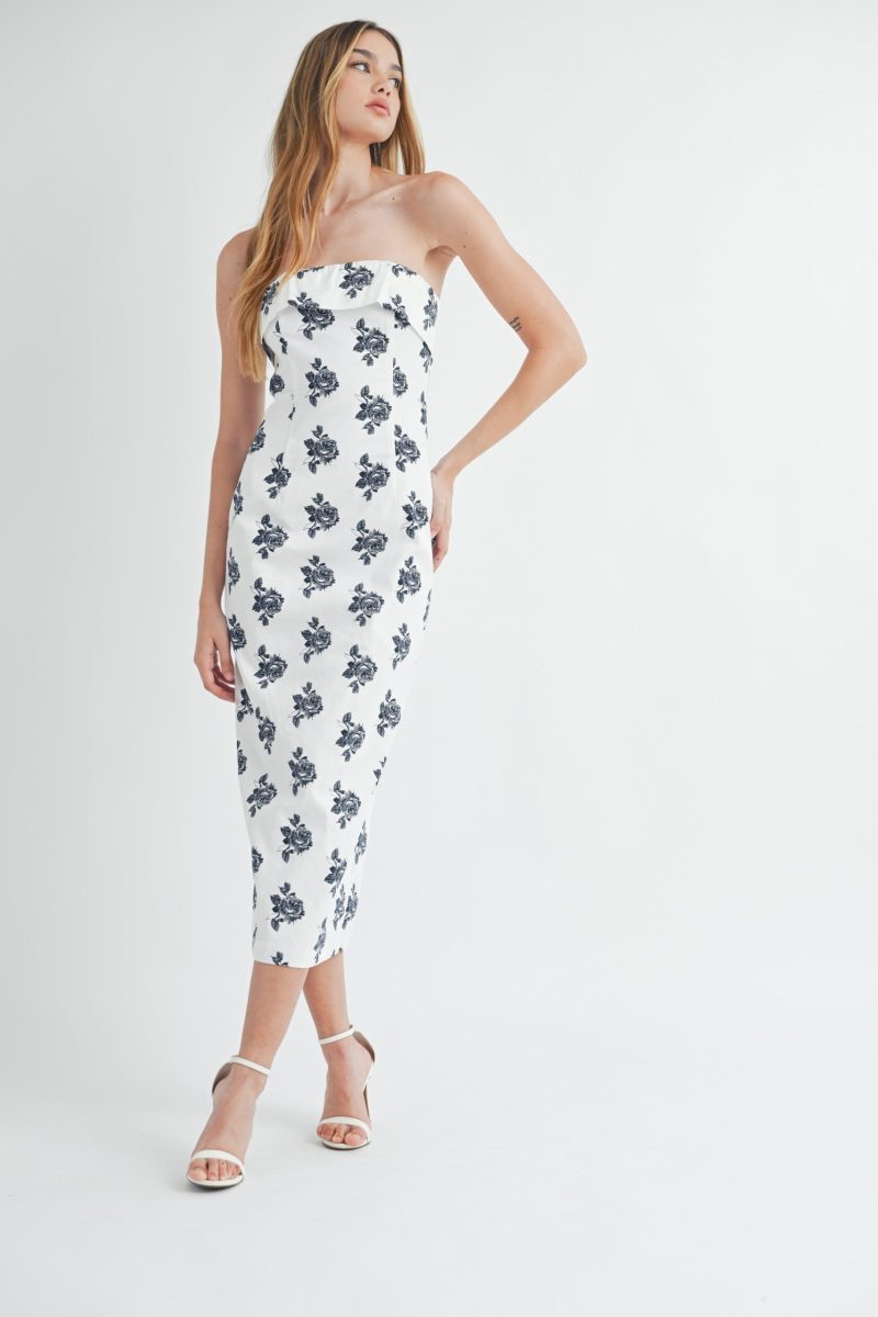 Rose Floral Printed Tube Midi Dress - Image 5