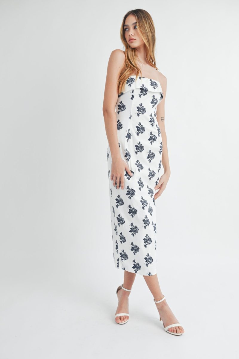 Rose Floral Printed Tube Midi Dress - Image 3