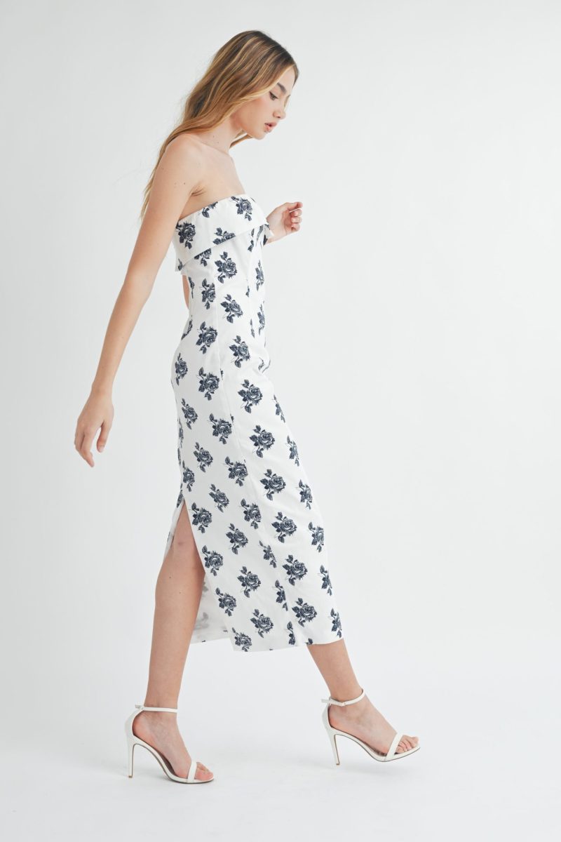 Rose Floral Printed Tube Midi Dress - Image 8