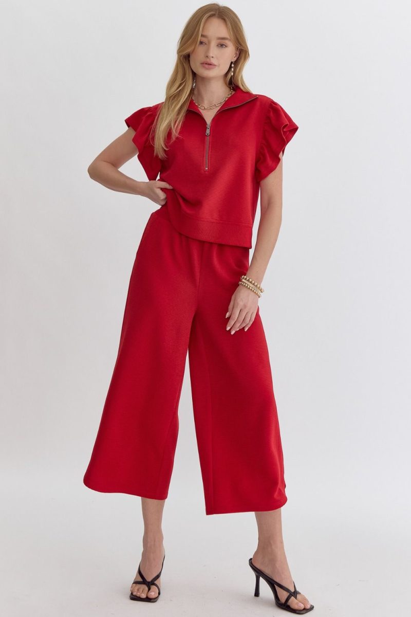 Textured High Waisted Wide Leg Pants With Ruffle Sleeve Top Set - Image 22