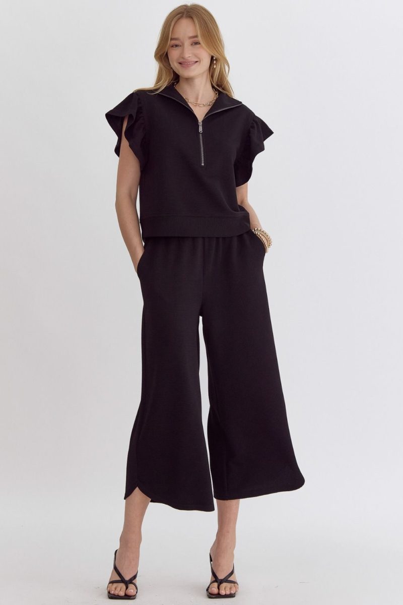Textured High Waisted Wide Leg Pants With Ruffle Sleeve Top Set - Image 14