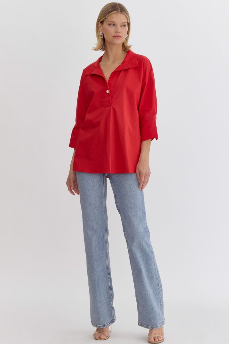 Collared 3/4 Sleeve Top With Faux Pearl Button Closure - Image 2