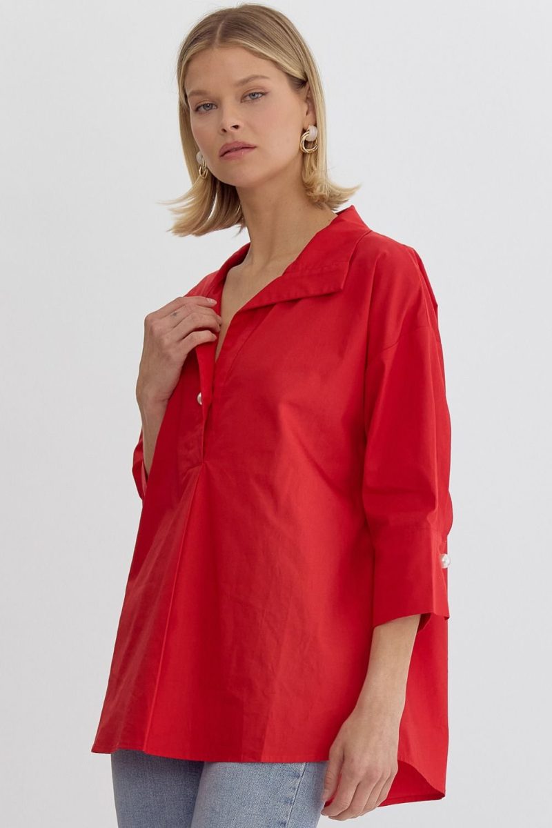 Collared 3/4 Sleeve Top With Faux Pearl Button Closure - Image 4