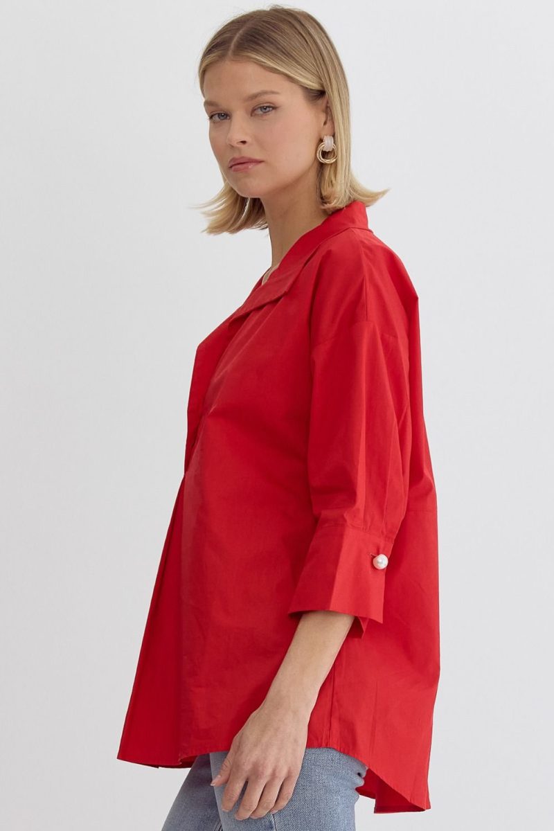 Collared 3/4 Sleeve Top With Faux Pearl Button Closure - Image 5