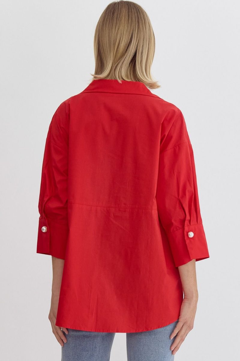 Collared 3/4 Sleeve Top With Faux Pearl Button Closure - Image 7