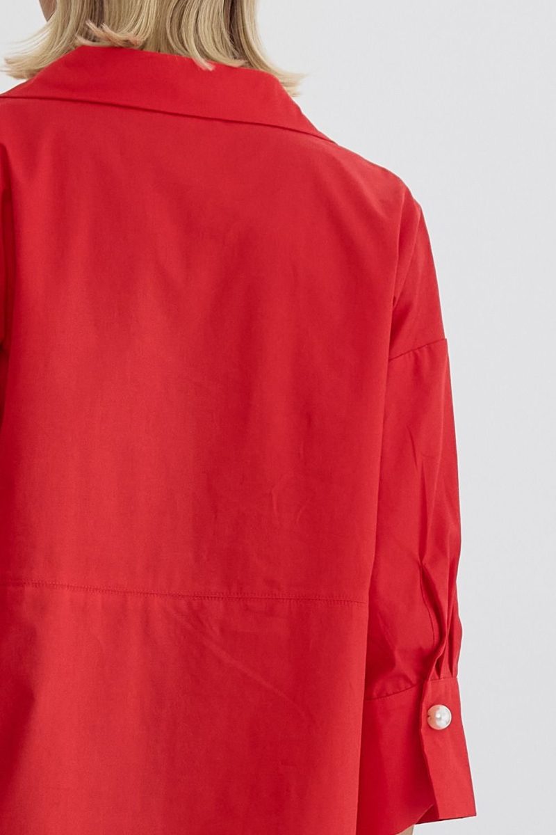 Collared 3/4 Sleeve Top With Faux Pearl Button Closure - Image 6